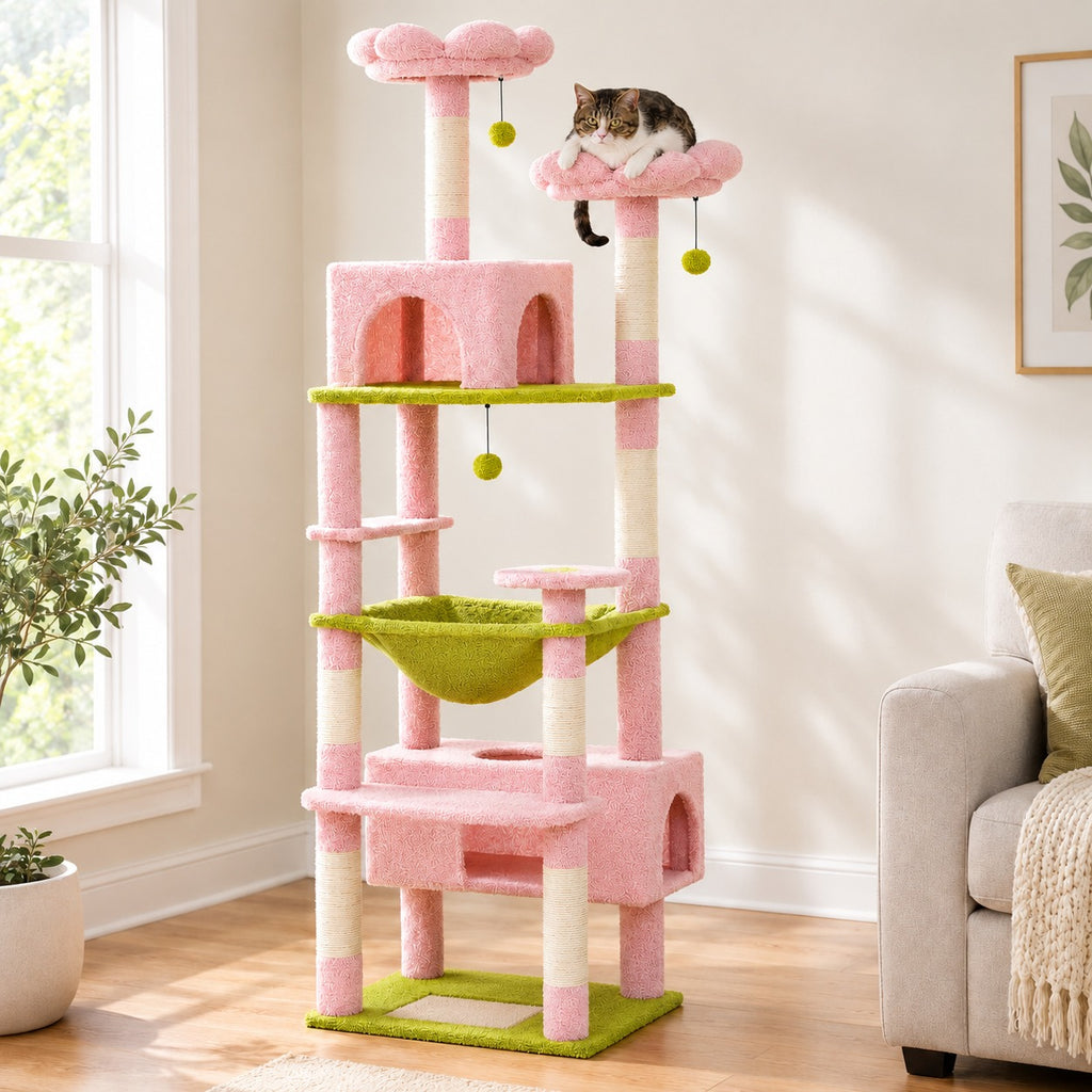 72 in cat tree tower in Pink & Green with pink flower-shaped top perches