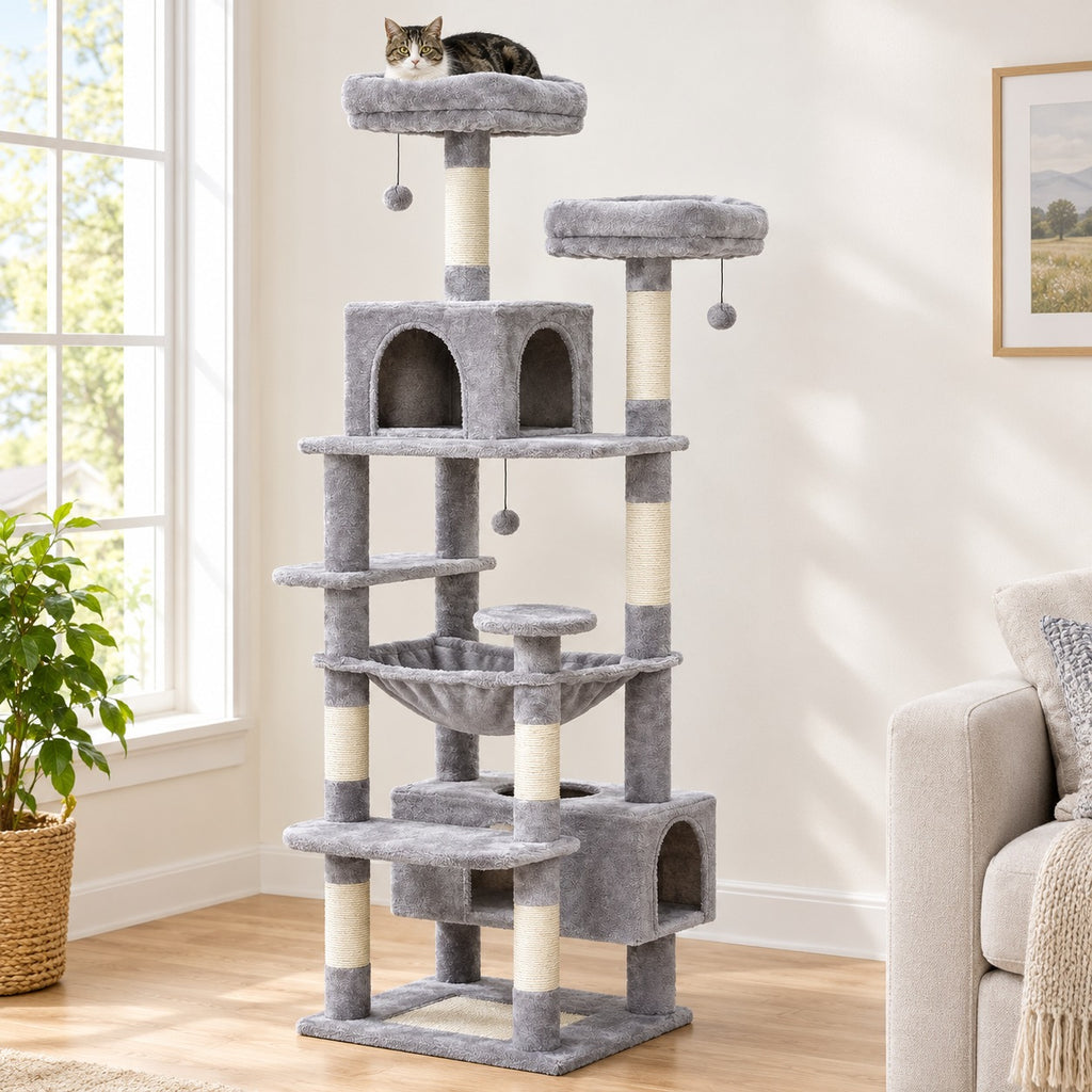 72 in cat tree tower with hammock and two condos in Light Grey