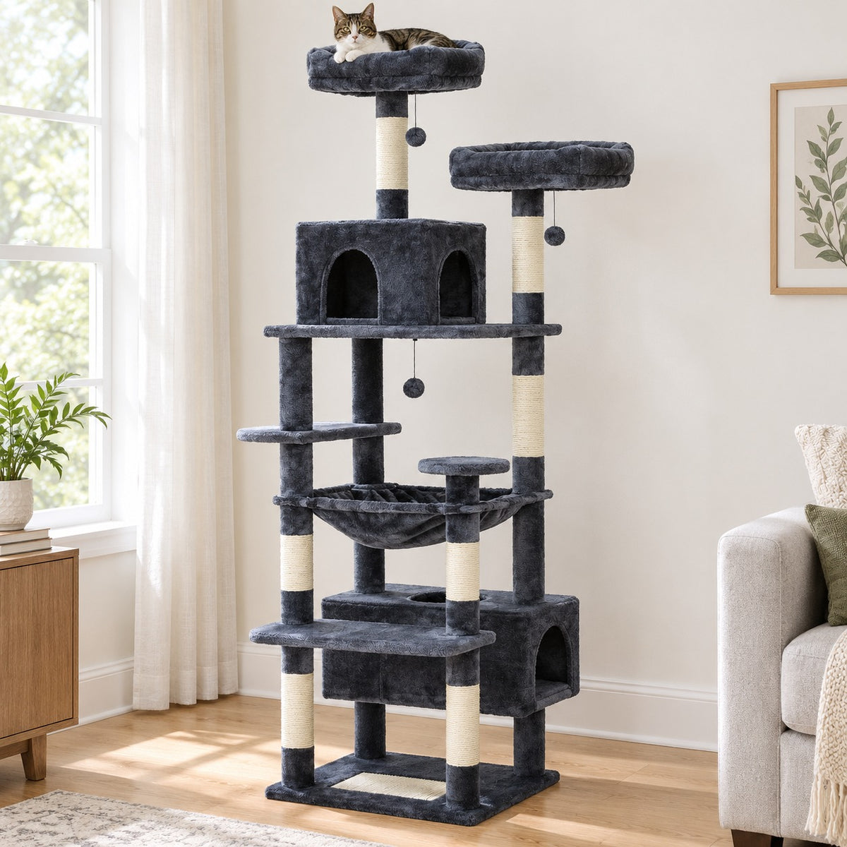 72 in cat tree tower with hammock and two condos in Dark Grey