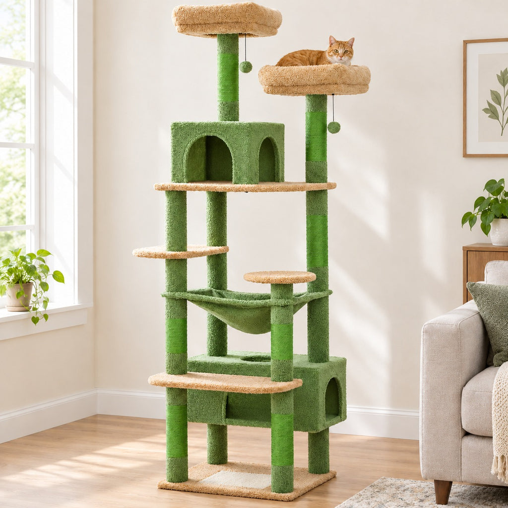 72 in cat tree tower in Green with tan top perches and green sisal posts
