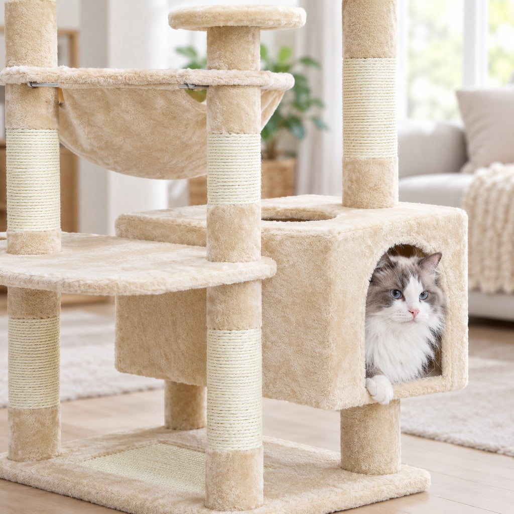 Cat peeking out of the long bottom condo of the cat tree tower
