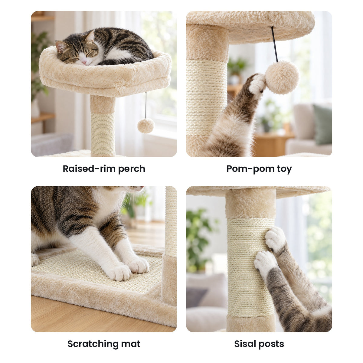 Cat tree tower details: raised-rim top perch, pom-pom toy, sisal scratching mat, sisal posts