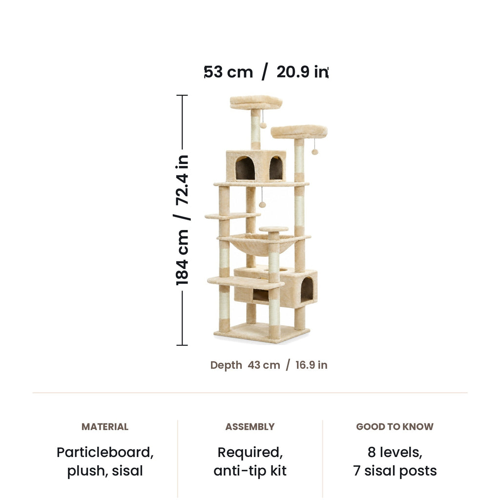 Cat tree tower dimensions: 53 x 43 x 184 cm (20.9 x 16.9 x 72.4 in)