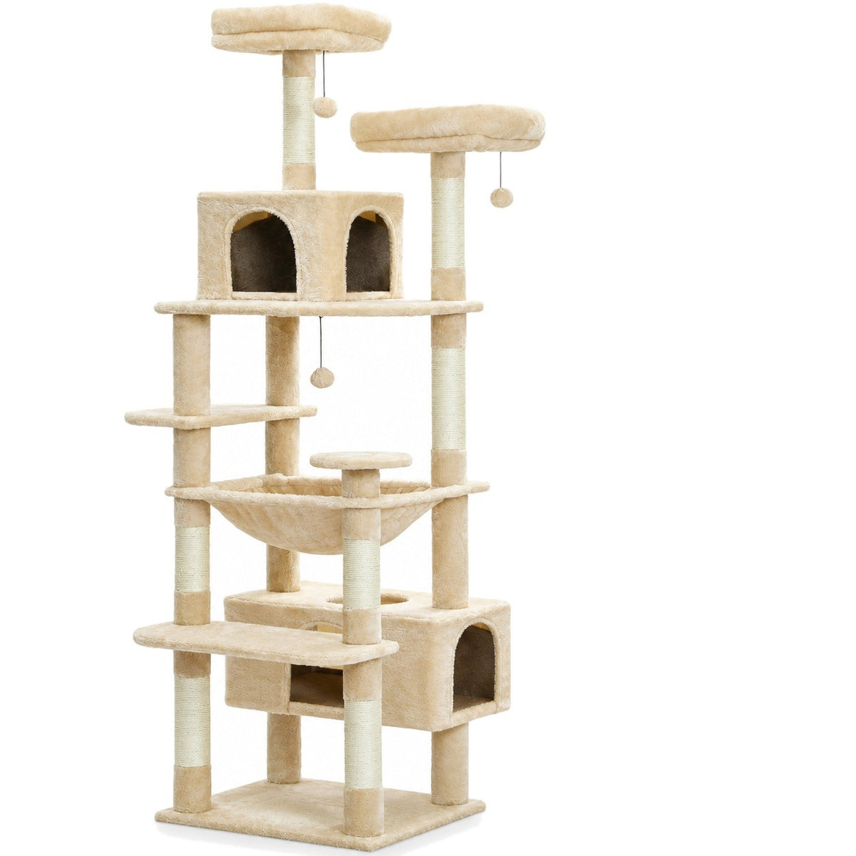 Beige 72 in cat tree tower with hammock and two condos on a white background