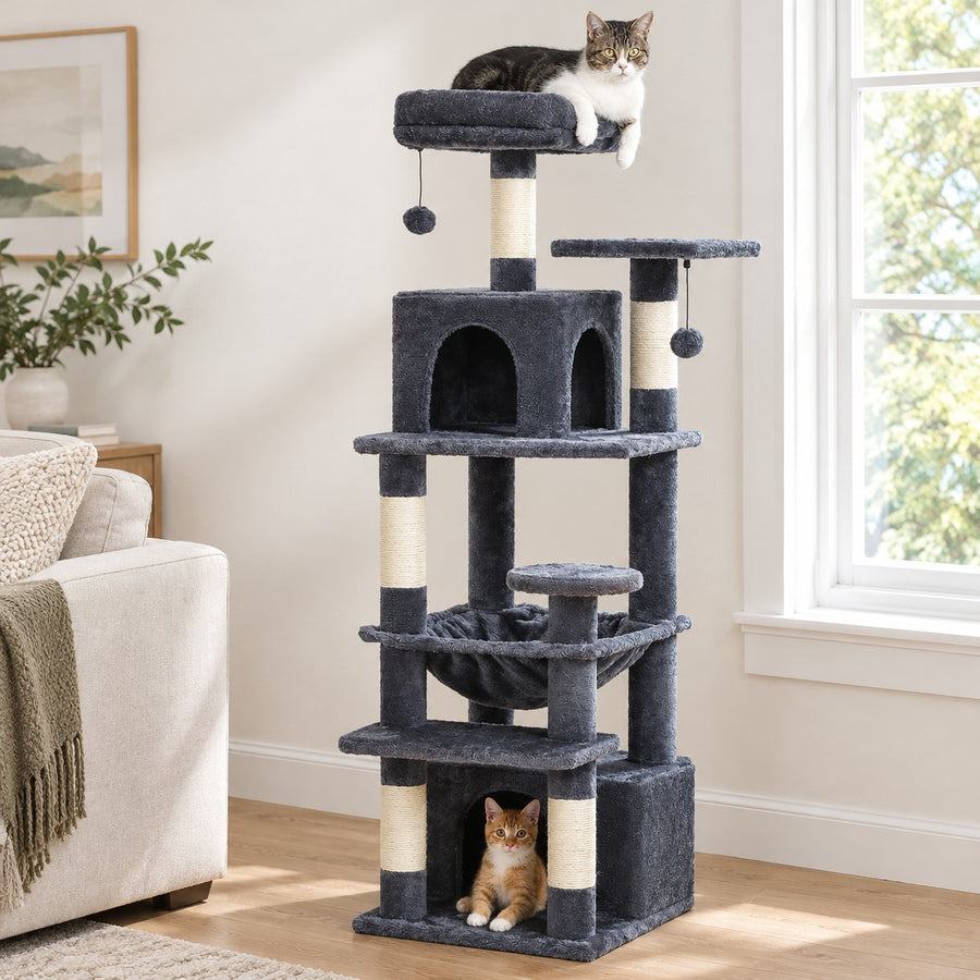 53.5 in cat tree tower with hammock and two condos in Dark Grey