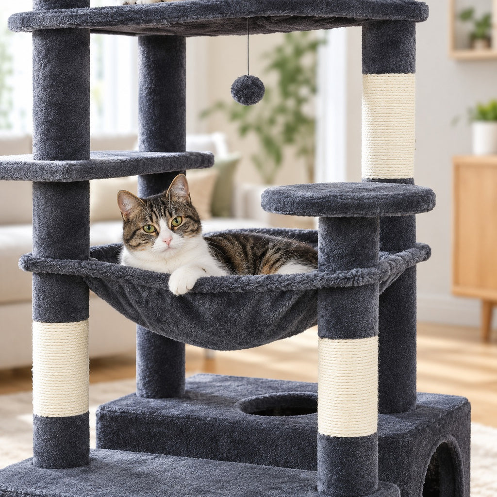 Cat resting in the steel-frame hammock of the cat tree tower