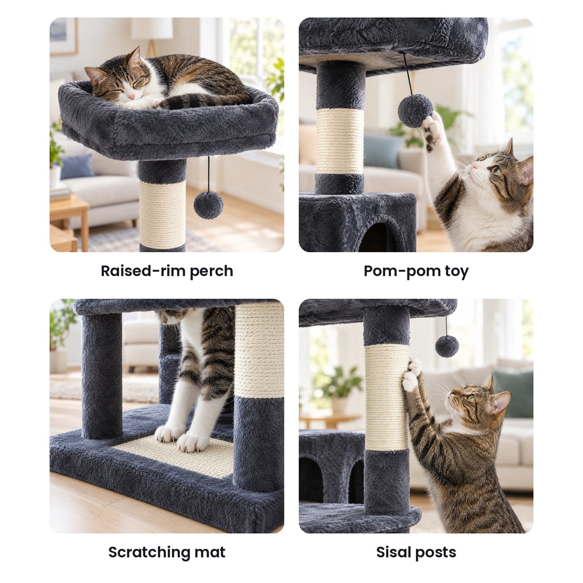 Cat tree tower details: raised-rim perch, pom-pom toy, sisal scratching mat, sisal posts
