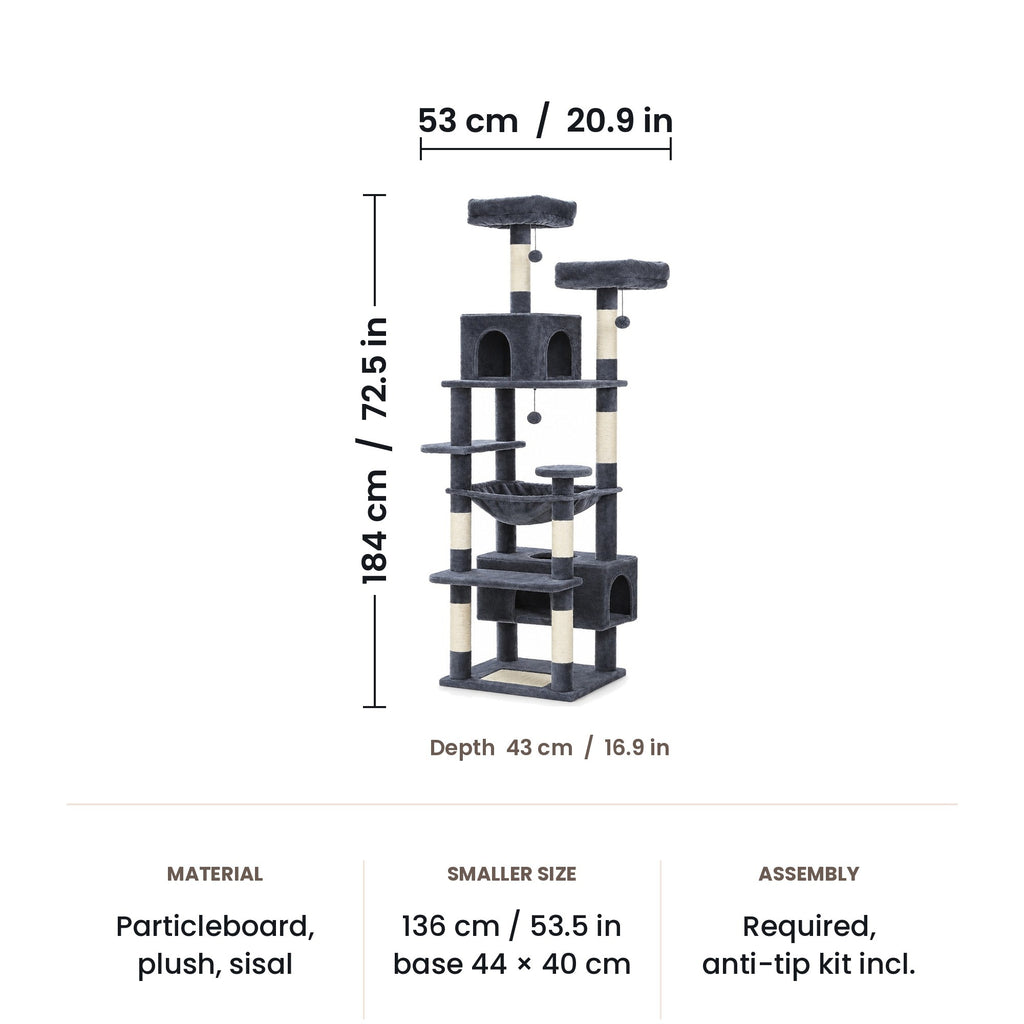 Cat tree tower dimensions: 53 x 43 x 184 cm (20.9 x 16.9 x 72.5 in)