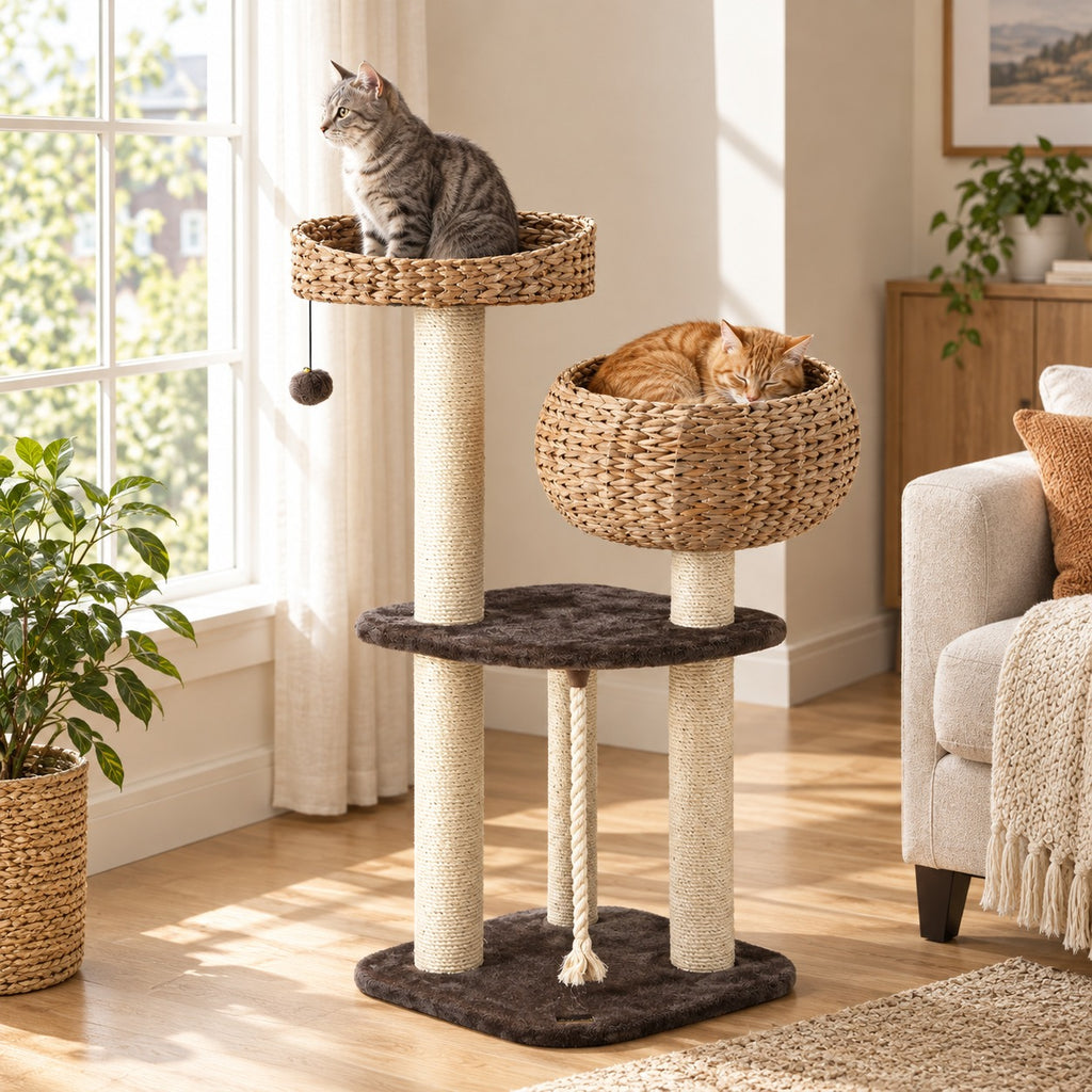 Cat curled up in the woven basket bed of a cat tree, a second cat on the top perch