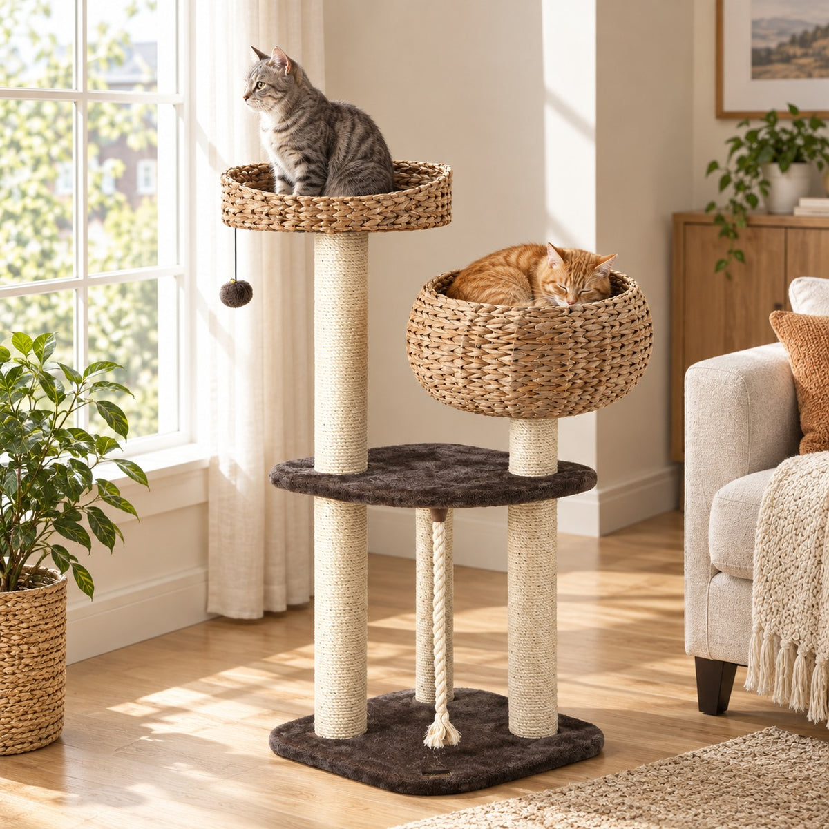 Cat curled up in the woven basket bed of a cat tree, a second cat on the top perch