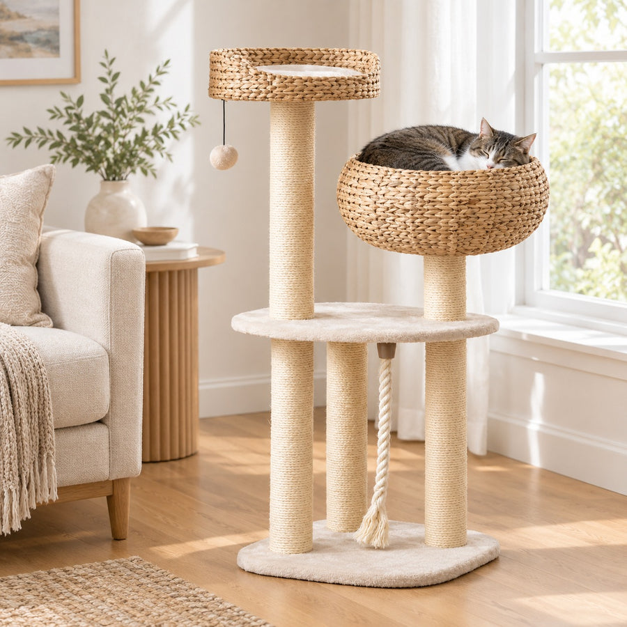 Cat tree with woven water hyacinth basket bed and sisal posts in Beige