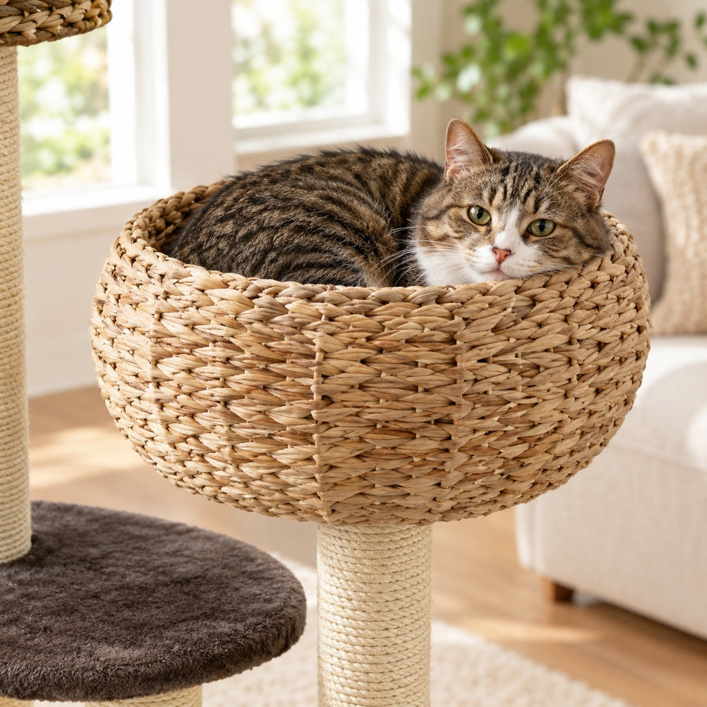Cat resting in the deep woven water hyacinth bowl bed