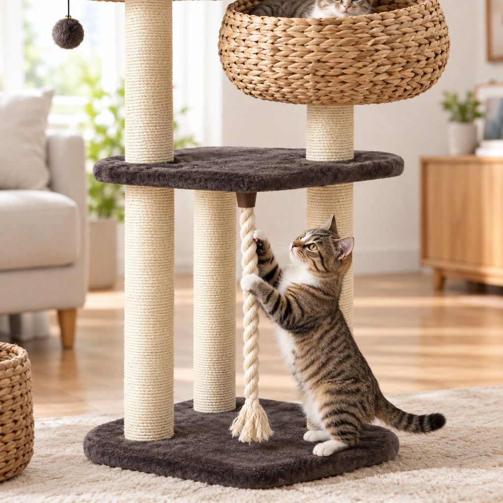 Cat playing with the hanging rope between the sisal posts