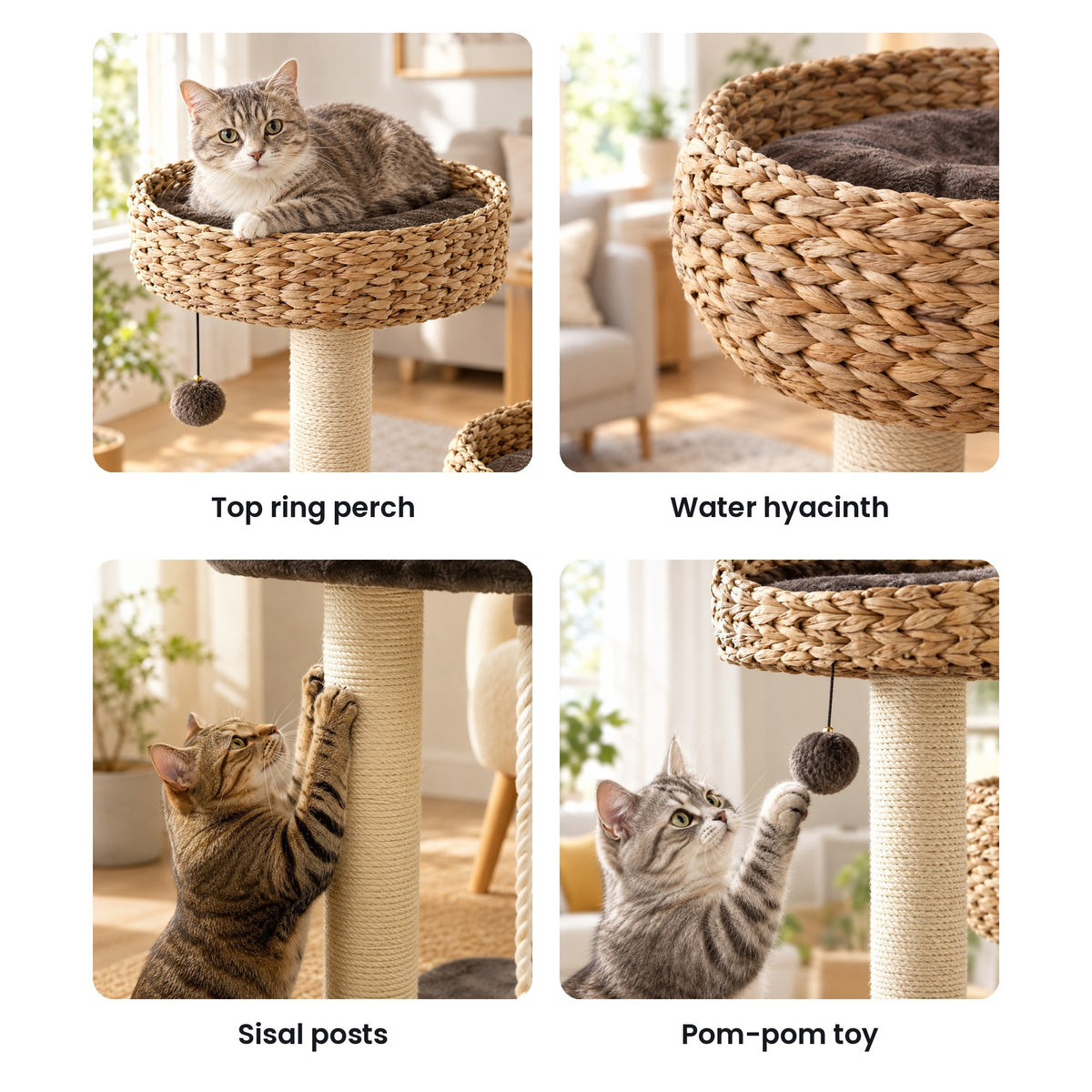 Woven cat tree details: top ring perch, water hyacinth weave, sisal posts, pom-pom toy