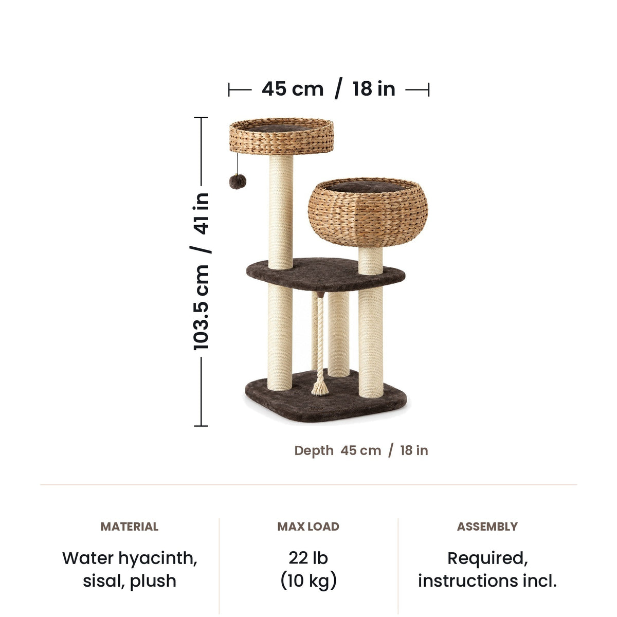 Woven cat tree dimensions: 45 x 45 x 103.5 cm (18 x 18 x 41 in)