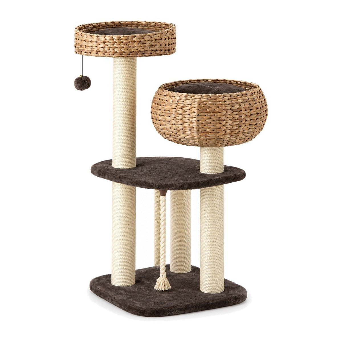 Coffee cat tree with woven basket bed and ring perch on a white background