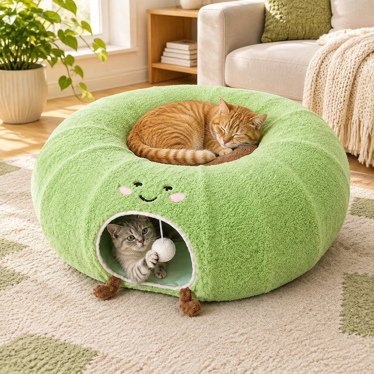 Cats using a green convertible cat tunnel bed: one asleep on the cushion, one peeking from the tunnel