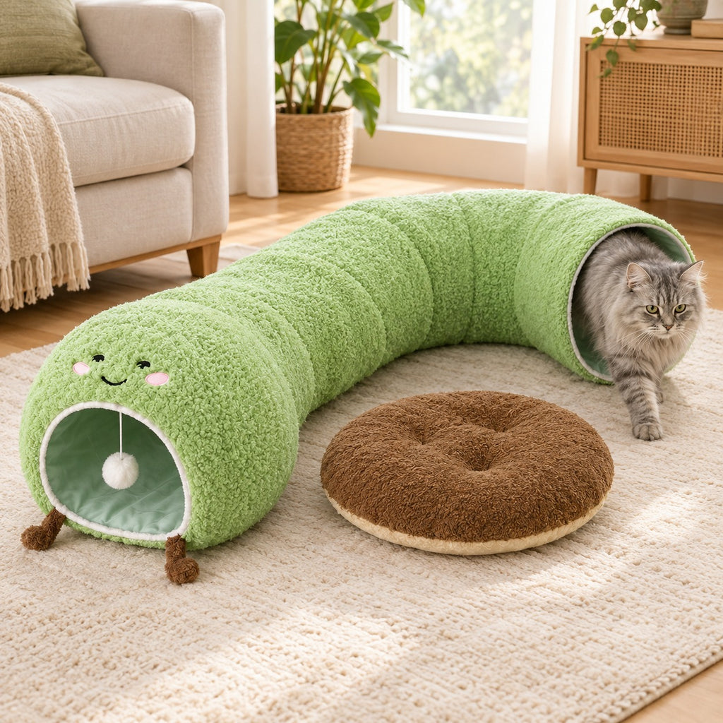 Cat tunnel bed opened into long tunnel mode, cushion beside it