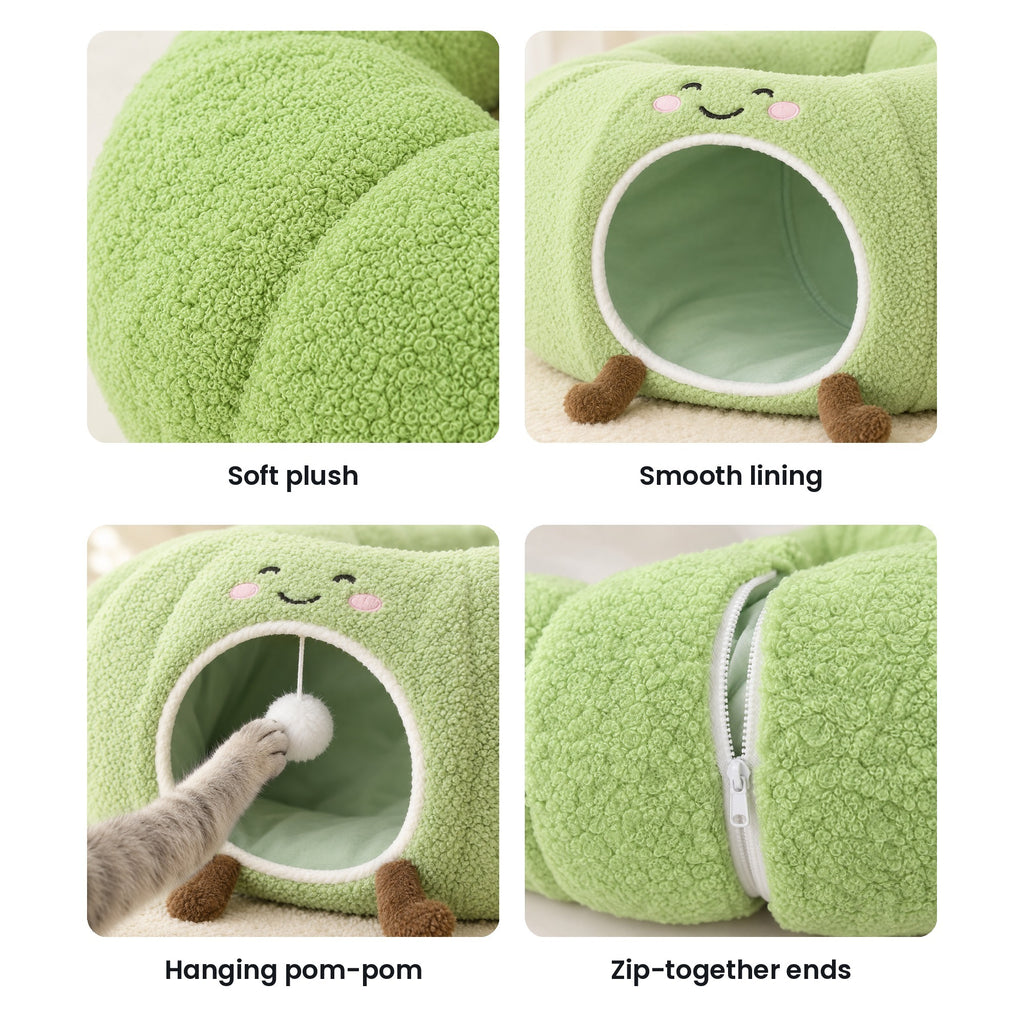 Cat tunnel bed details: soft plush, smooth lining, hanging pom-pom, zipper