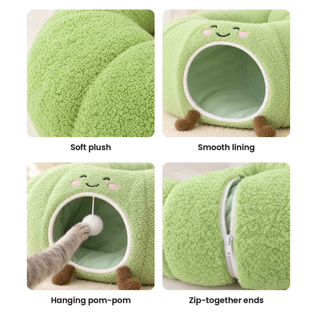 Cat tunnel bed details: soft plush, smooth lining, hanging pom-pom, zipper