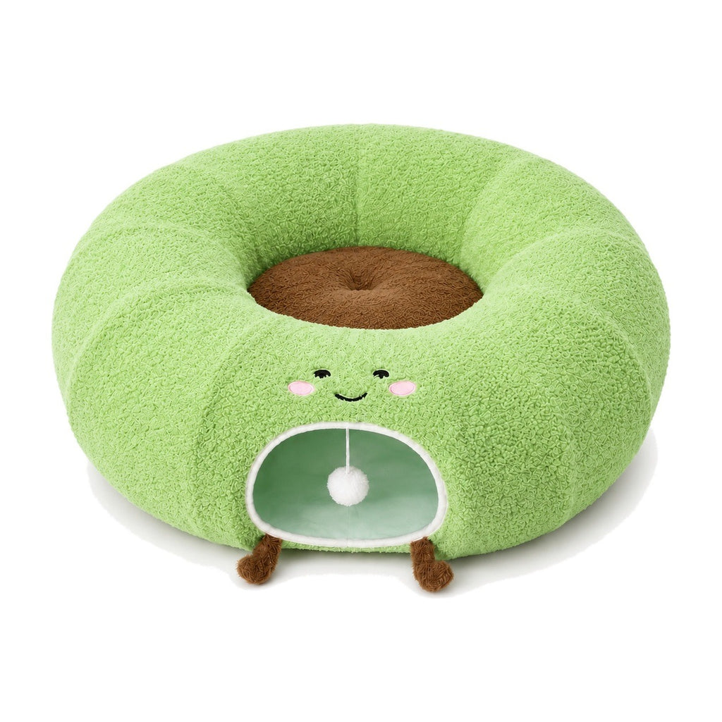 Green convertible cat tunnel bed in donut mode on a white background