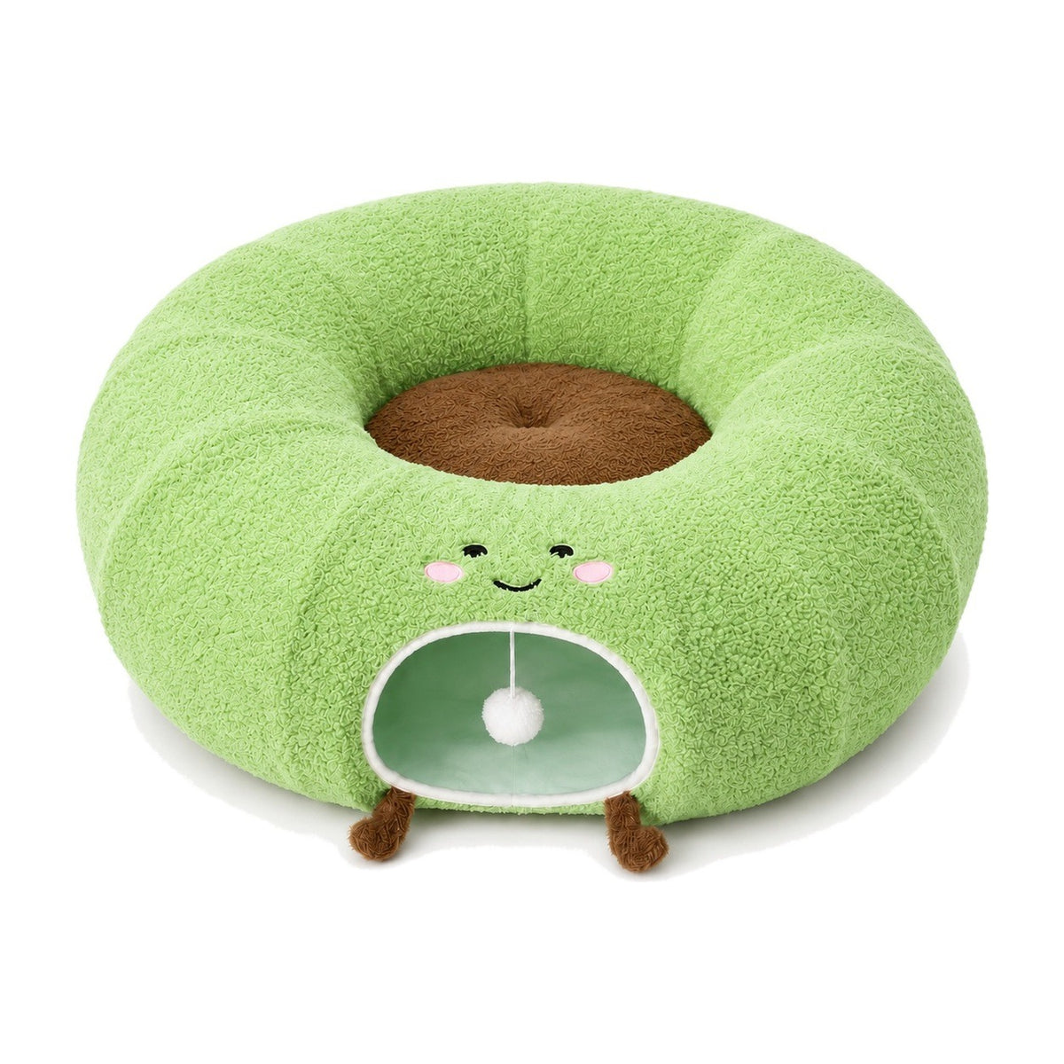 Green convertible cat tunnel bed in donut mode on a white background