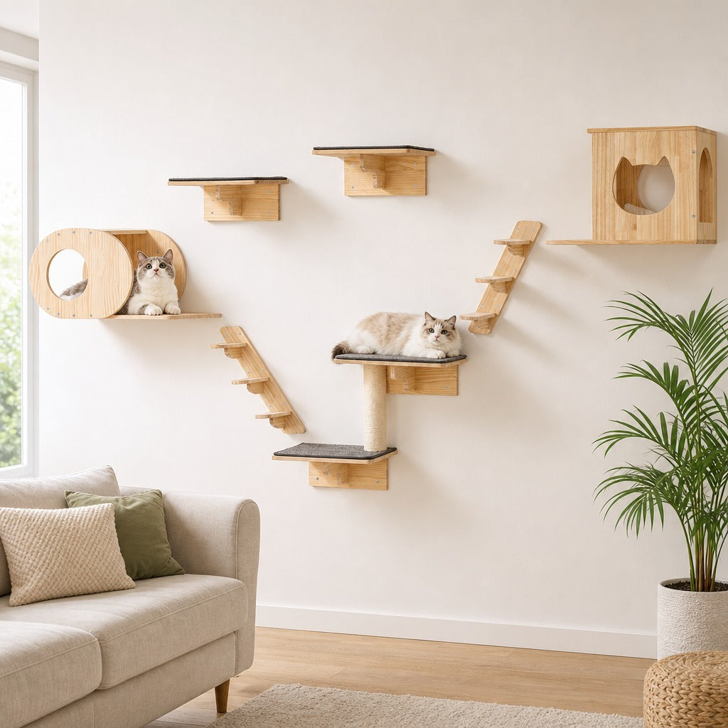 Cat sitting in a wall-mounted capsule house, a second cat on a padded shelf of the pine wall set