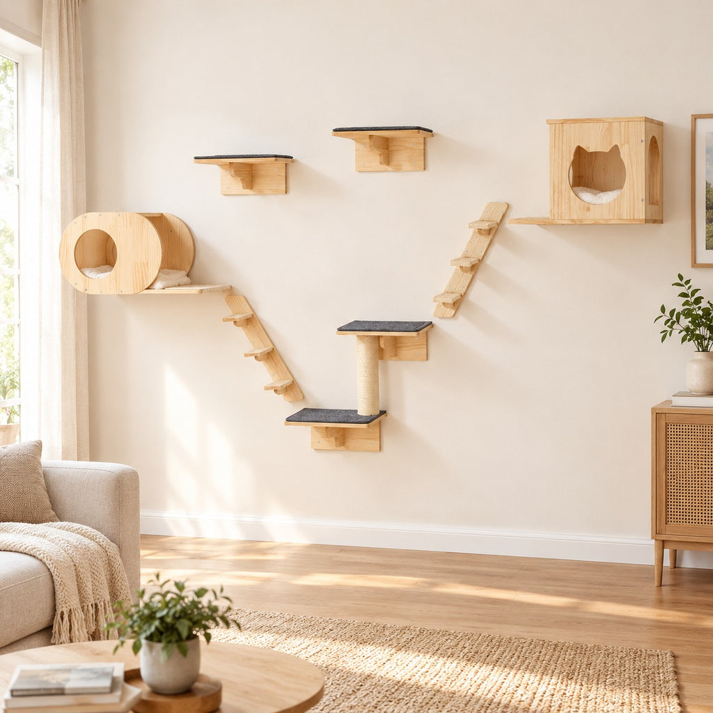 7-piece set: capsule house, cube house, jumping boards, ladders and sisal post on the wall
