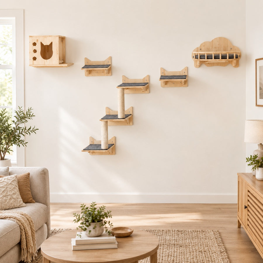 5-piece set: cube house, cat-ear boards, three-level cat tree and cloud bed on the wall