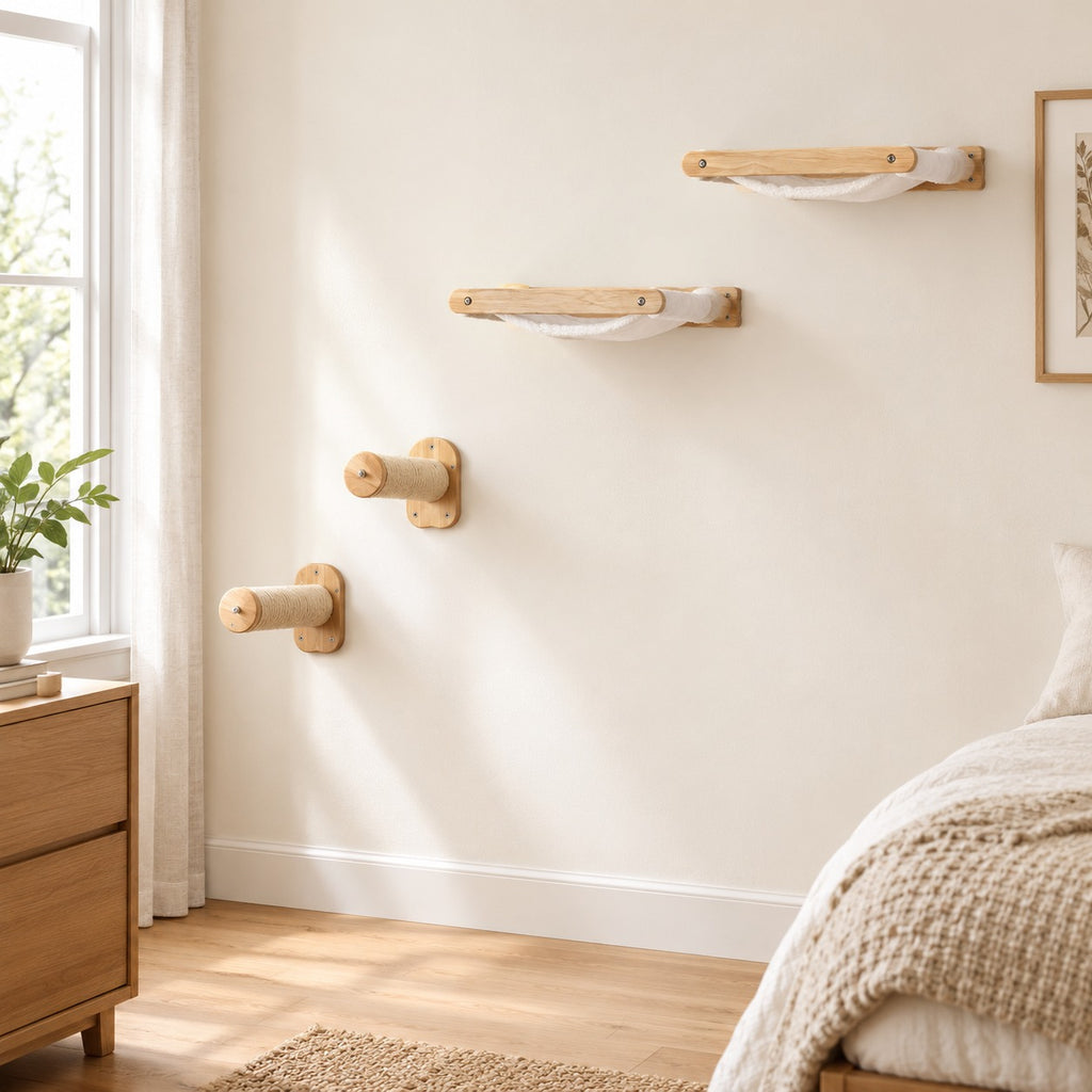 3-piece set: fleece hammock perches and sisal jumping posts on the wall