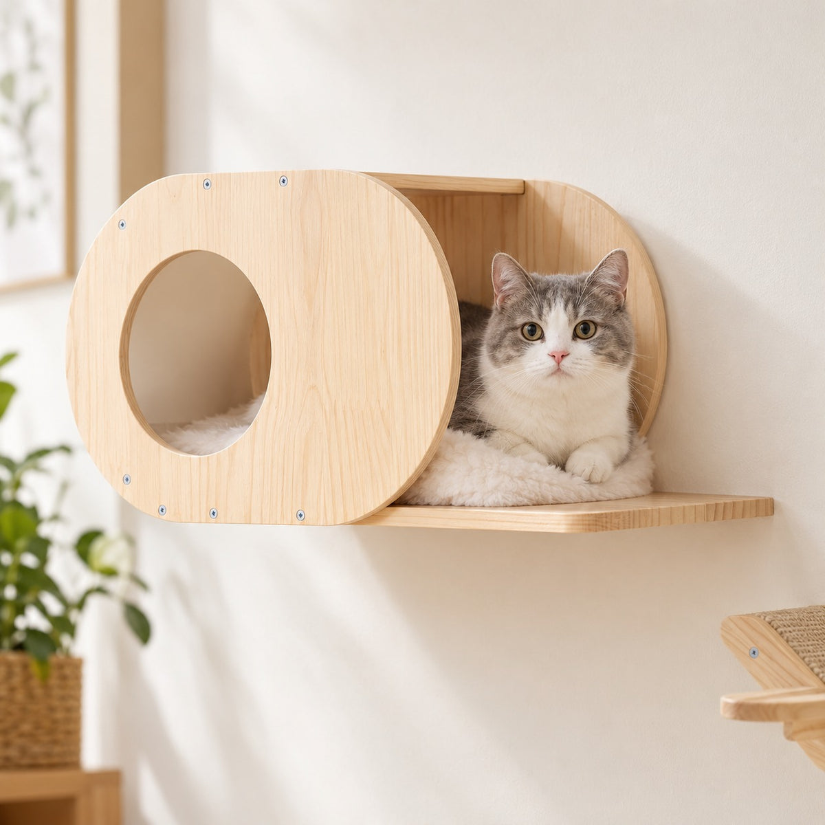 Cat resting on the fleece cushion inside the capsule house