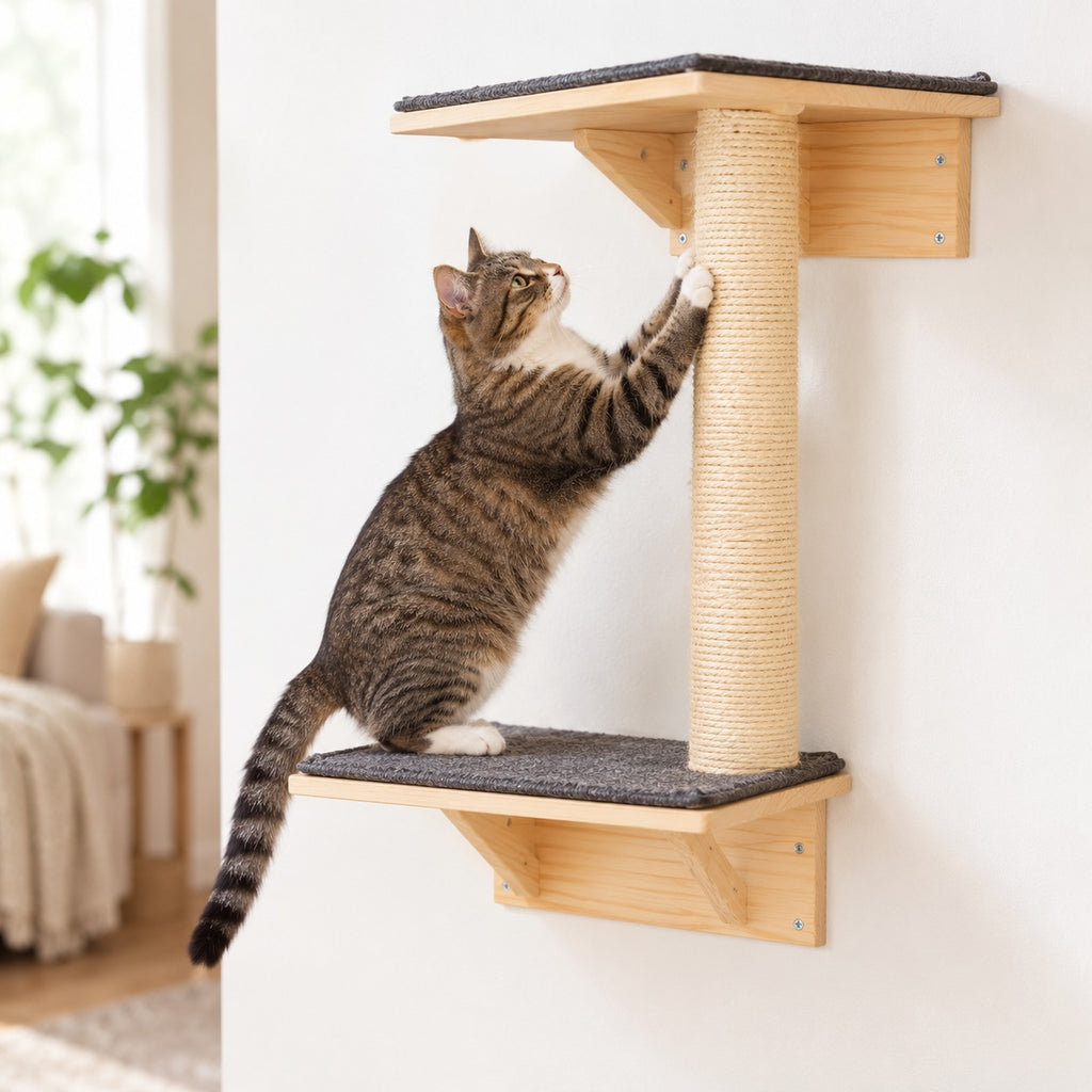 Cat scratching the sisal post between two fleece-lined shelves