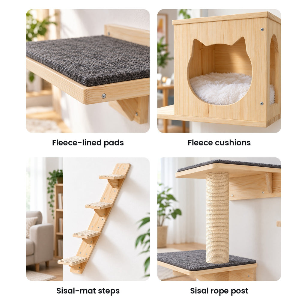 Cat wall shelves details: fleece-lined pads, fleece cushion, sisal-mat steps, sisal rope post