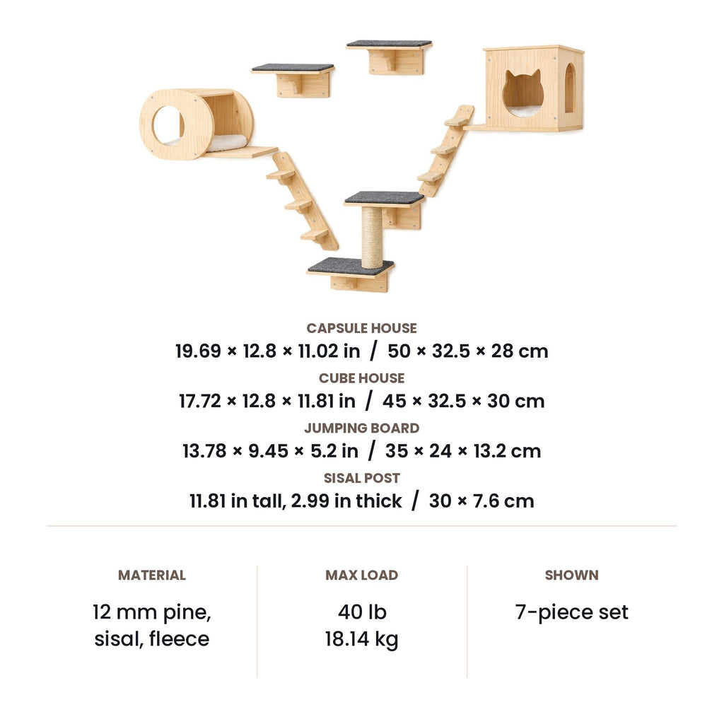 7-piece cat wall shelves dimensions: capsule house 19.69 in, cube house 17.72 in, jumping board 13.78 in