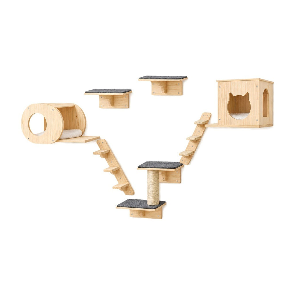 7-piece pine cat wall shelves set on a white background