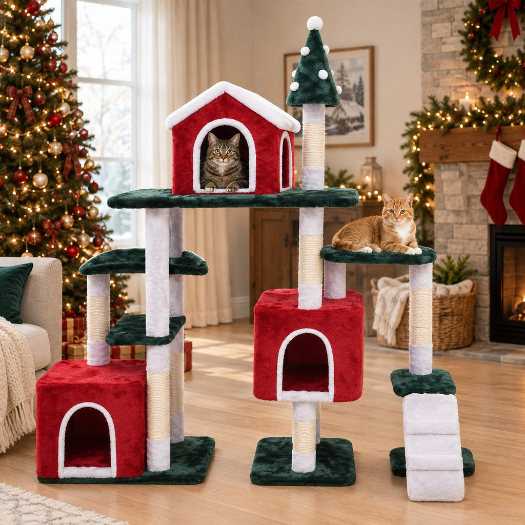 Cats in the snowy-roof house condo and on a platform of a red and green Christmas cat tree