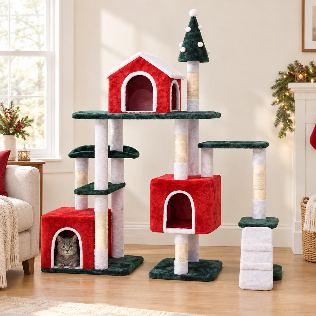 Red and green Christmas cat tree with three condos and a tree-shaped topper in a living room