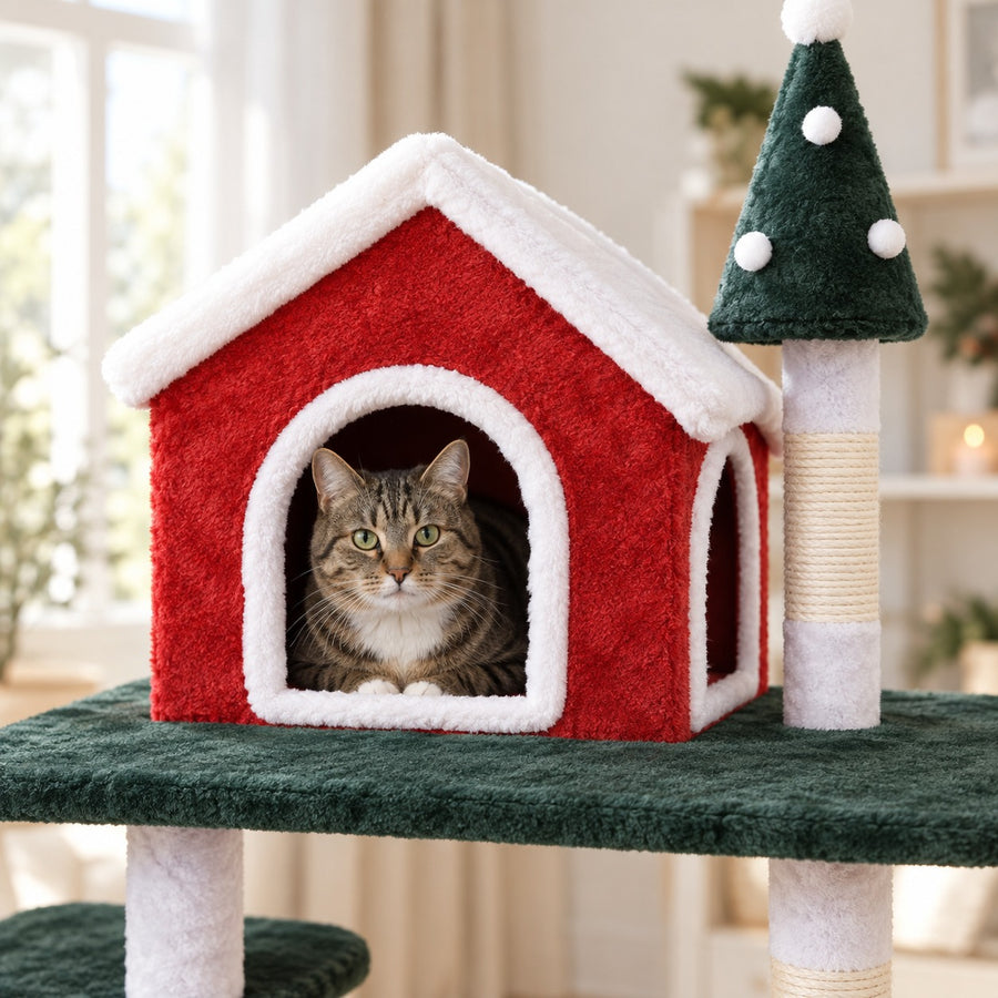 Cat peeking out of the red house condo with a white snowy roof