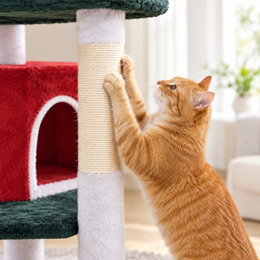 Cat scratching a sisal-wrapped post of the Christmas cat tree