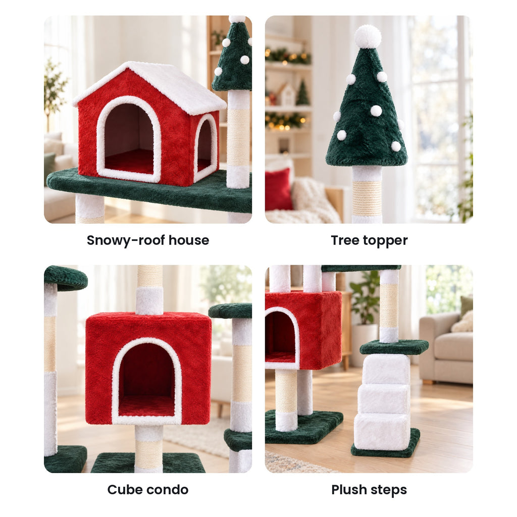 Christmas cat tree details: snowy-roof house, tree topper, cube condo, plush steps