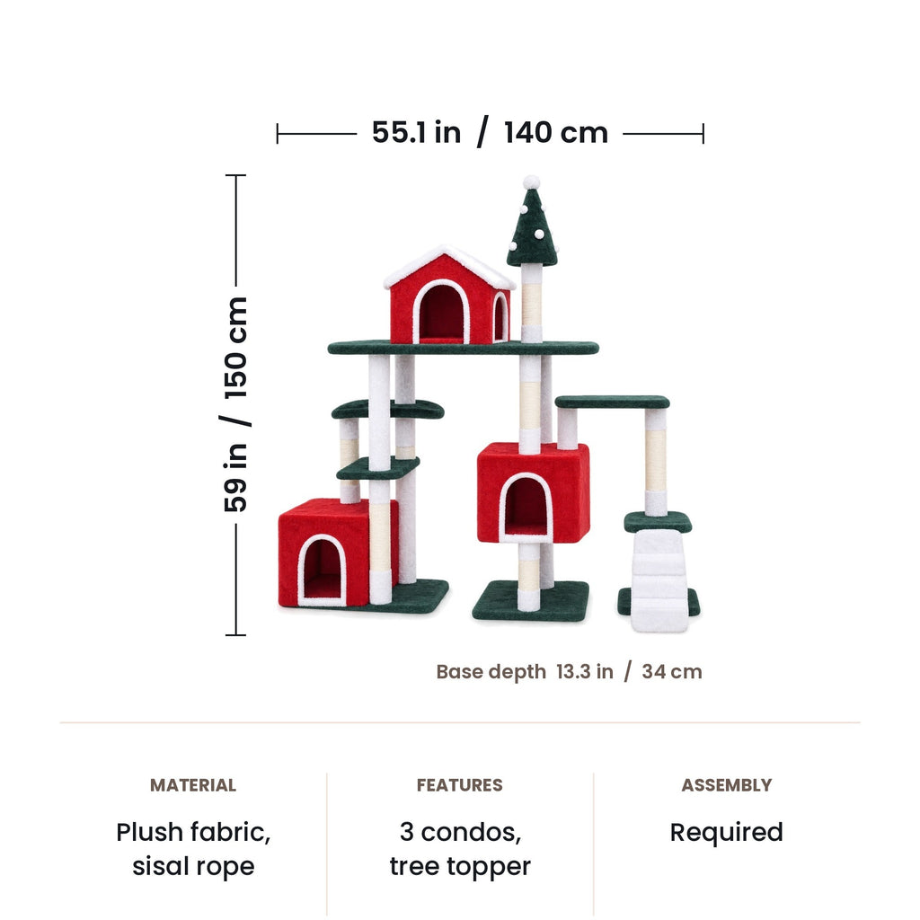 Christmas cat tree dimensions: 59 in (150 cm) tall, 55.1 in (140 cm) wide