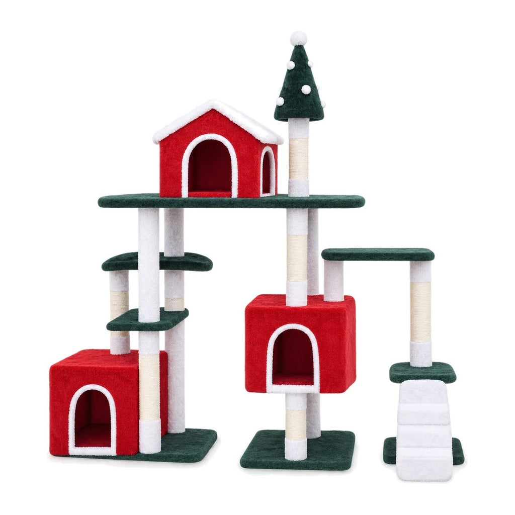 Red and green Christmas cat tree with three condos on a white background