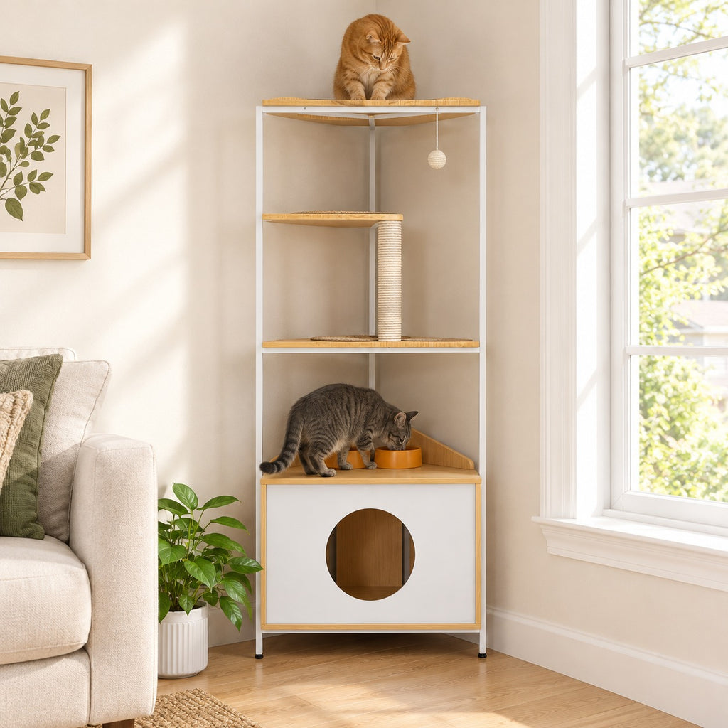 Cat eating at the feeding station of a corner cat tree while another cat sits on the top shelf