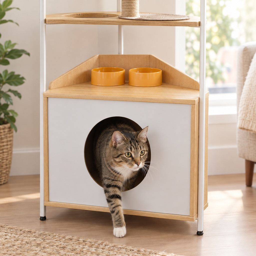 Cat stepping out of the round entrance of the corner cat tree cabinet