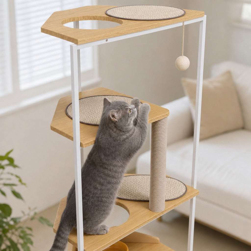 Cat scratching the sisal post between two shelves of the corner cat tree