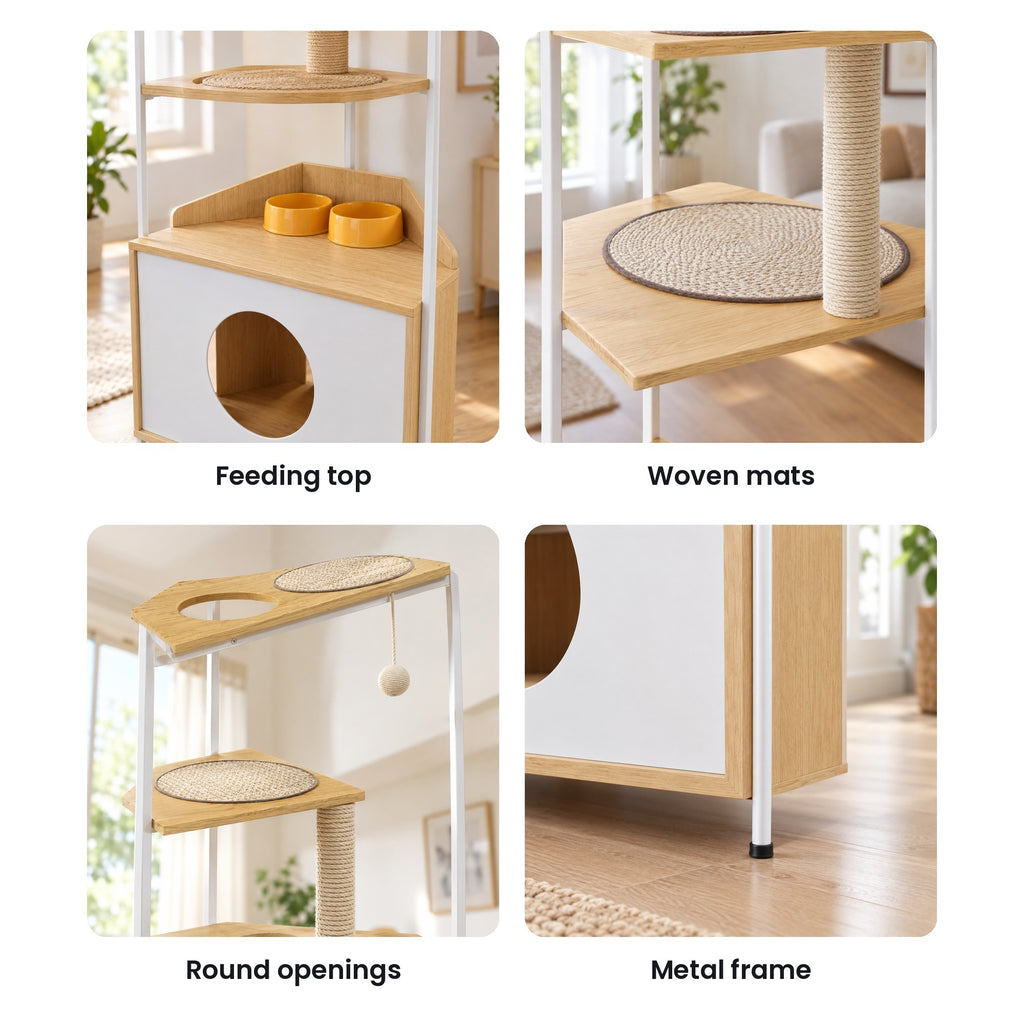 Corner cat tree details: feeding top, woven mats, round openings, white metal frame