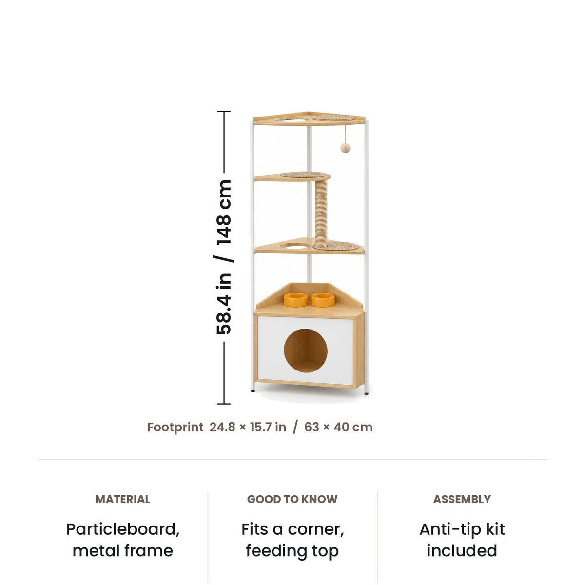 Corner cat tree dimensions: 58.4 in (148 cm) tall, footprint 24.8 x 15.7 in (63 x 40 cm)