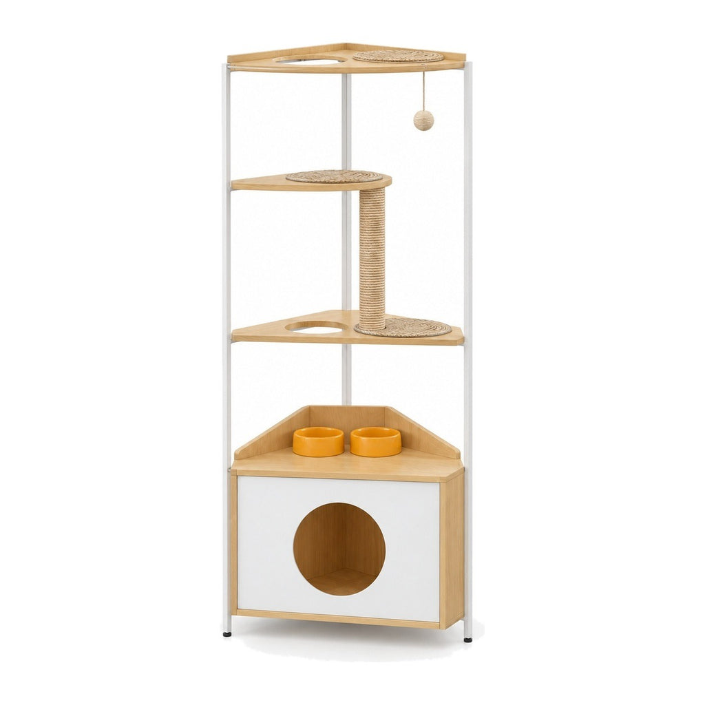 Corner cat tree with cabinet and feeding station on a white background