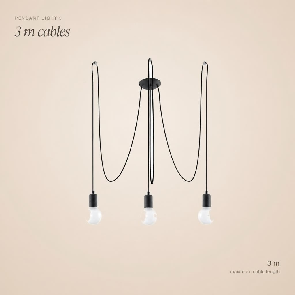 Suspension araignée 3 ampoules à câbles textiles noirs