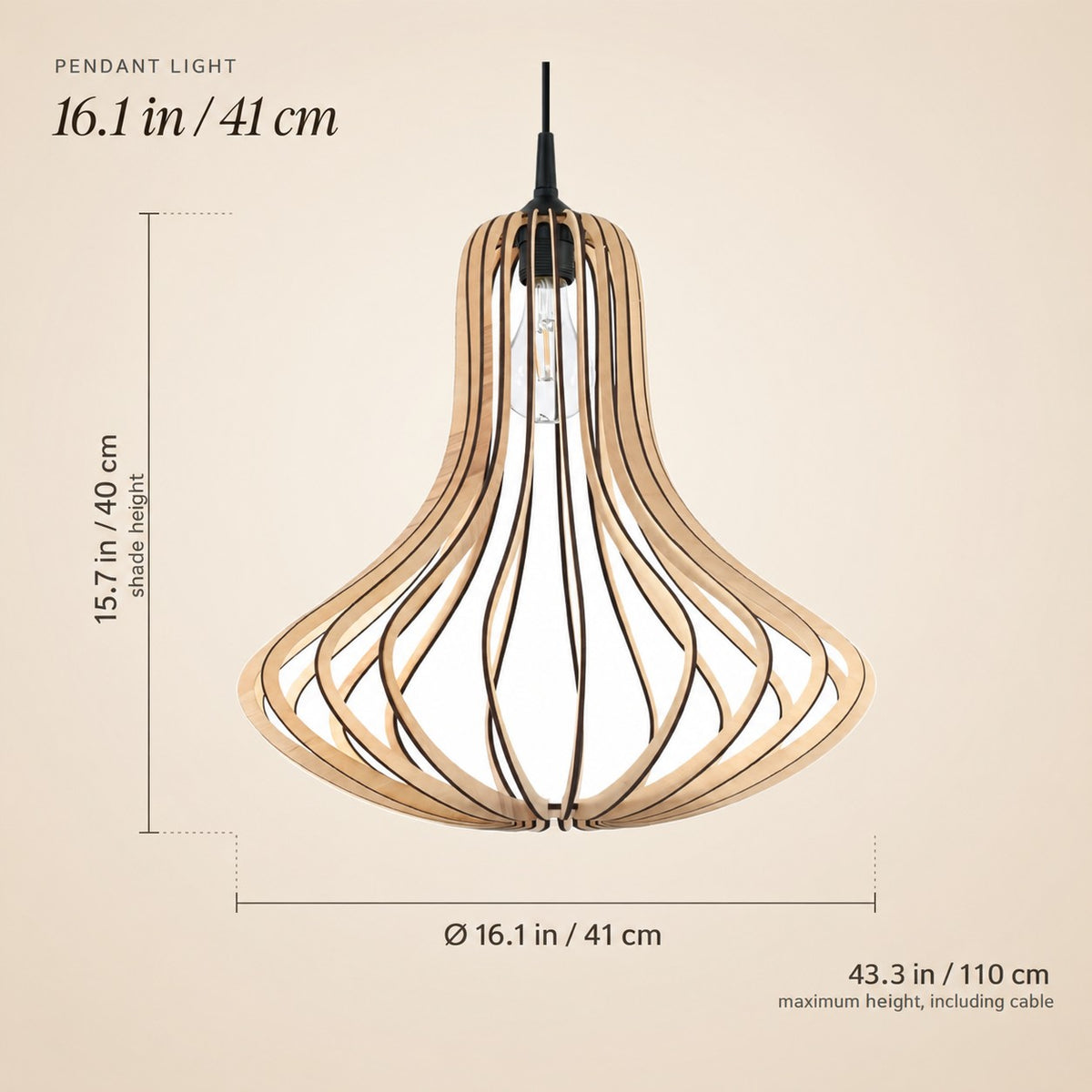 Suspension cloche en lamelles de bois de 41 cm